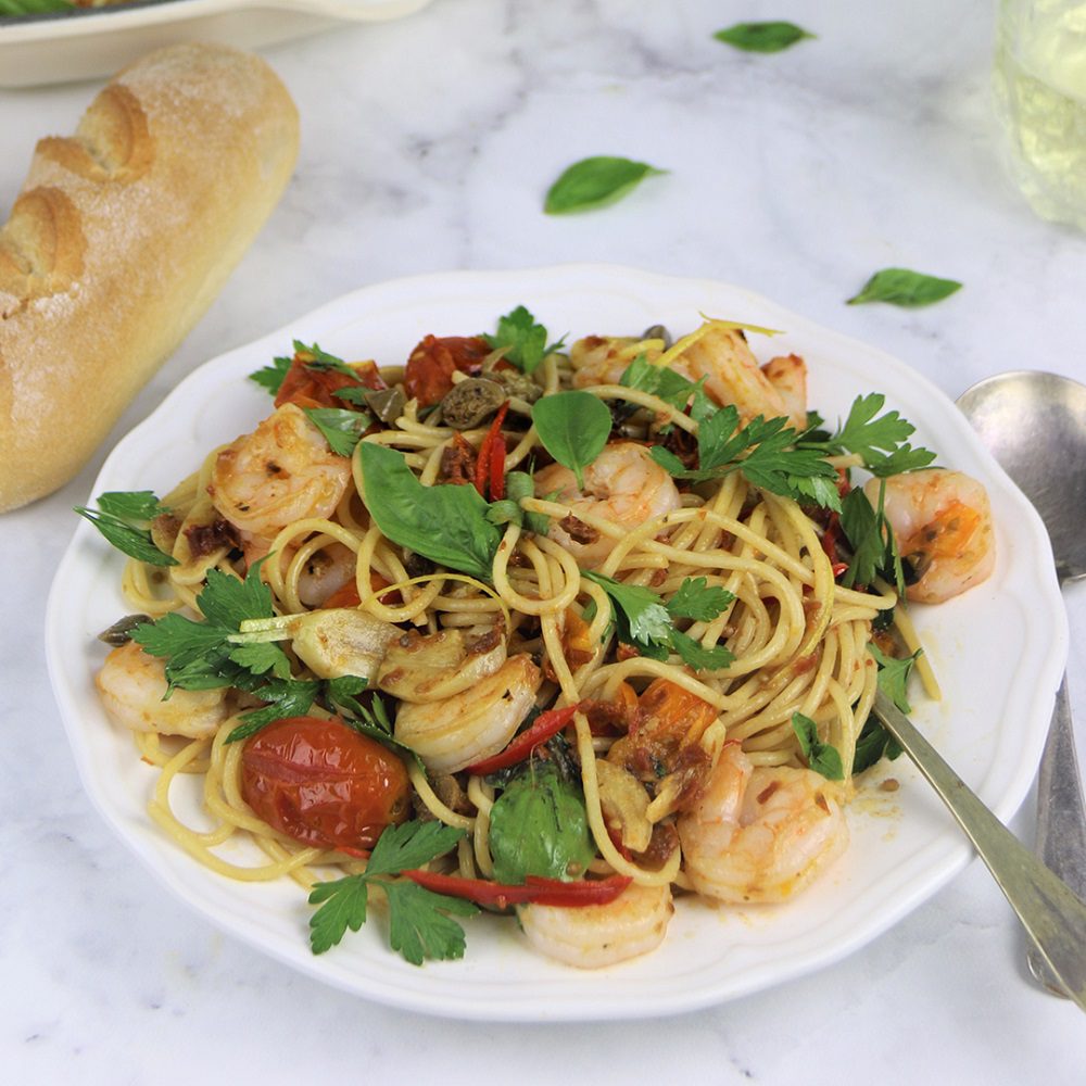 Chili Prawn Pasta with Blistered tomatoes, capers and lemon