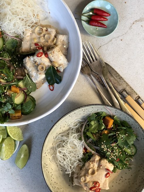 Coconut-poached Wild Caught Barramundi, Chili Spiced Pumpkin and Cucumber