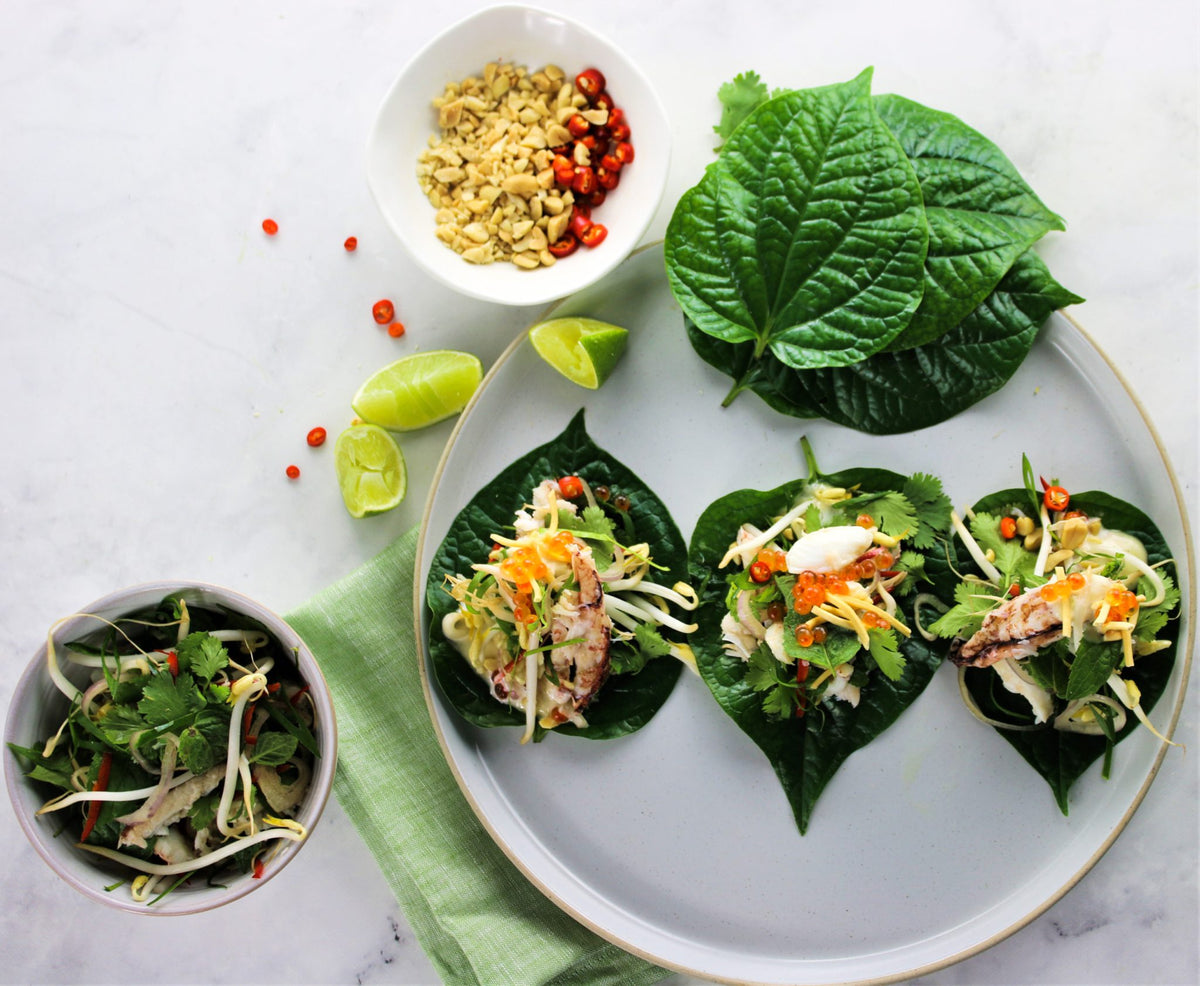 Betel Leaves with Crab Salad, Crispy Noodles, Lime, Ginger Mayonnaise & Salmon roe