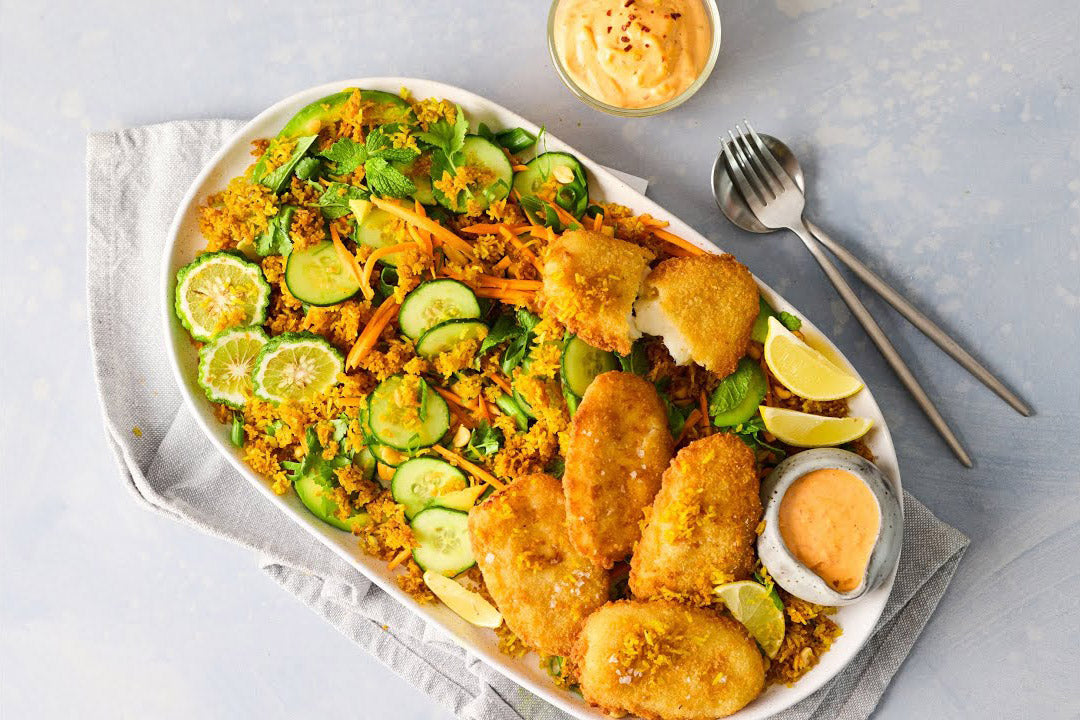 Crispy Rice with crumbed fish and red curry mayo