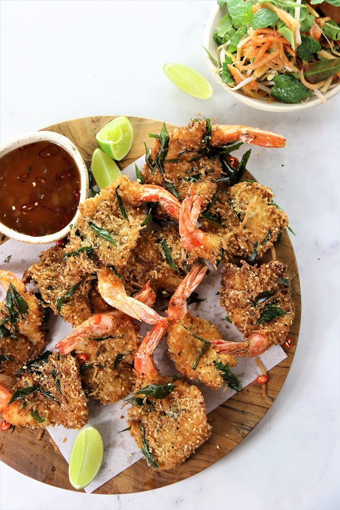 Crispy Fried Coconut Prawns with Green Papaya salad and Pickled Ginger Chili sauce