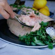 Whole Baked Salmon with Cucumber and Watercress Salad and Caper Crème