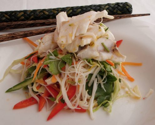 poached cod and noodle salad