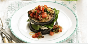 Easy summer entertaining - Baked eggplant, goats cheese, tomato olive salad