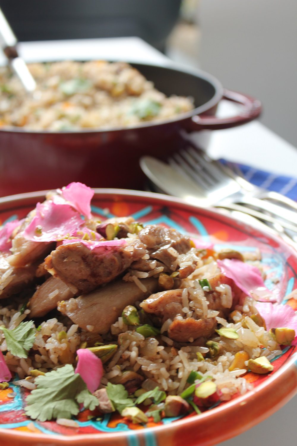 Moroccan Chicken Recipe with Pistachios, apricots and rose - Dominique Rizzo