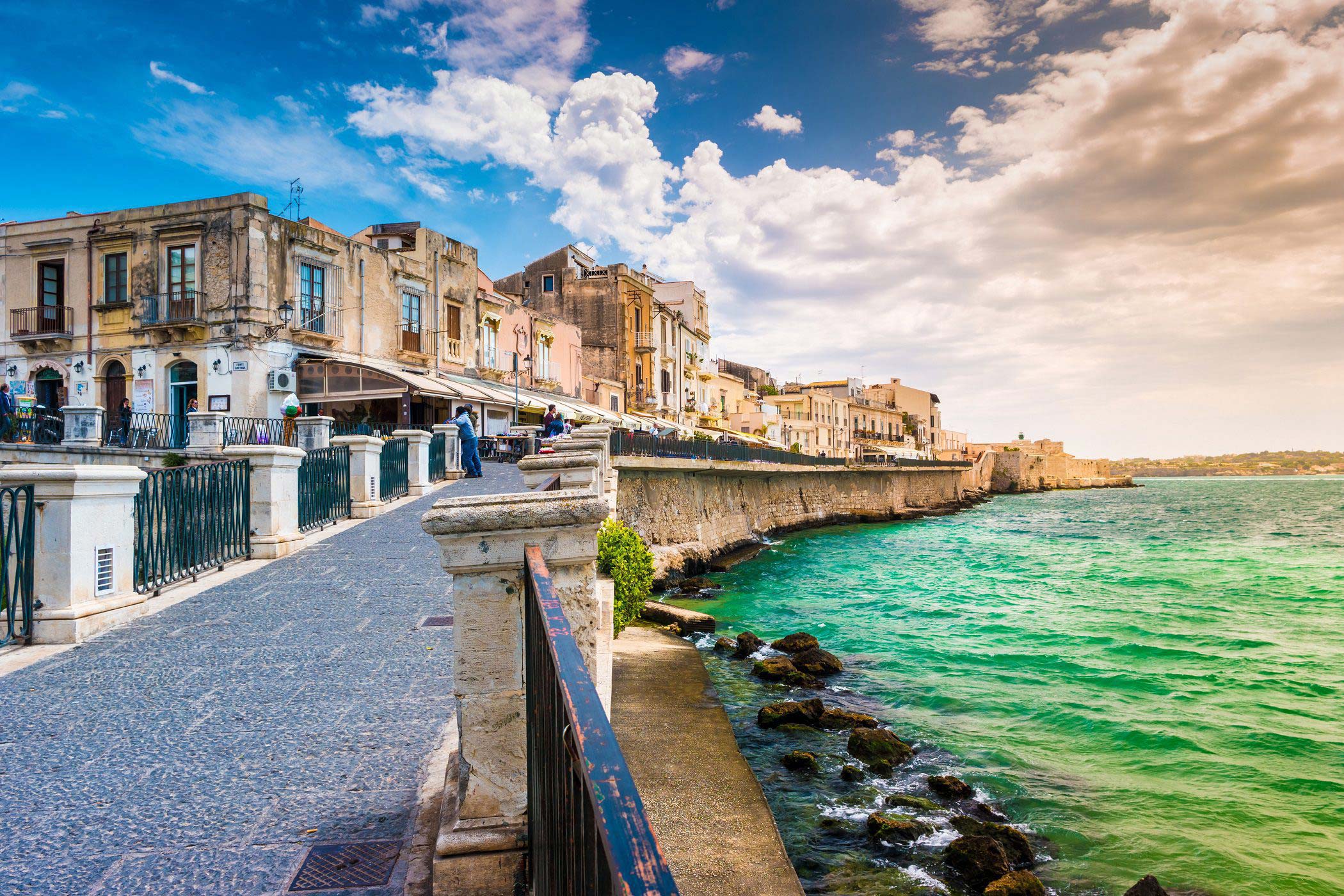 Coast of Ortigia island at city of Syracuse, Sicily, Italy. Beautiful travel photo of Sicily.