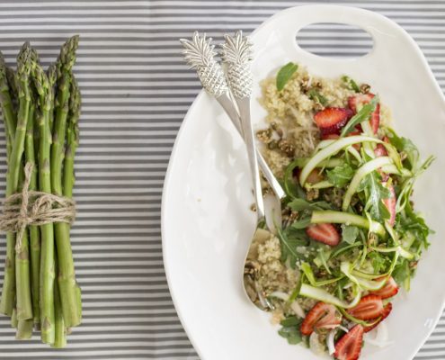 Asparagus and quinoa salad with toasted maple seeds and strawberries
