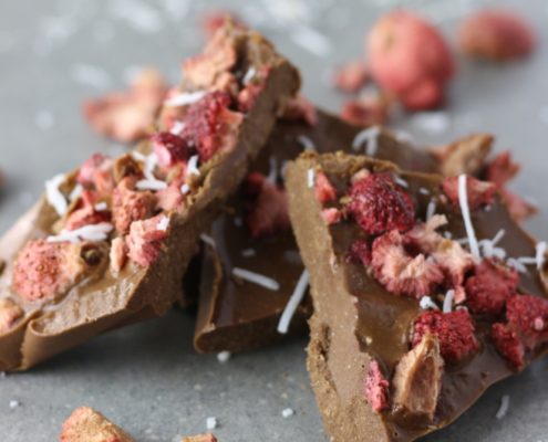 Keto Chocolate and peanut bombs with freeze dried strawberries