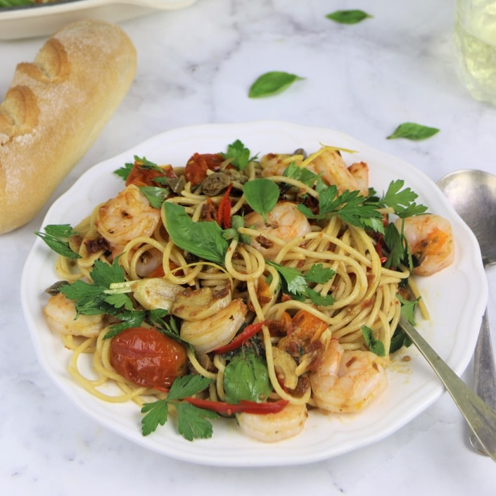 Chili Prawn Pasta with Blistered tomatoes, capers and lemon Chili Prawn Pasta with Blistered tomatoes, capers and lemon